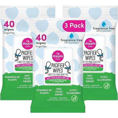 Dapple Baby Pacifier Wipes for Infants and Toddlers - (3 Pack) 40 Count - Fragrance-Free, Hypoallergenic & Food-Grade - Diaper Bag Essentials