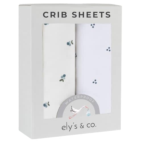 Ely's & Co. Patent Pending Waterproof Crib Sheets, 100% Cotton with Waterproof Lining - Built in Mattress Protector, 2 Pack Fitted Crib Sheet Set, Berry and Cluster Dot (Blue) 28” x 52”