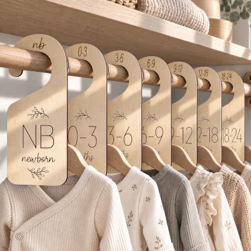 Baby Closet Dividers for Clothes Organizer - Set of 7 Adorable Wooden Double-Sided Baby Clothes Size Hanger Organizer from Newborn to 24 Months for Nursery Beautiful Decor