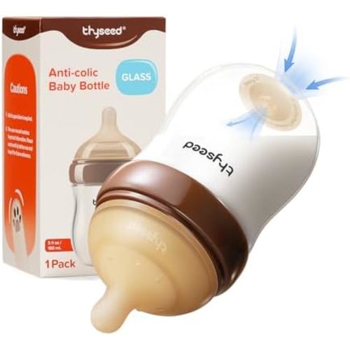 Thyseed Anti-Colic Glass Baby Bottle for Breastfed Infants, Natural Feeding, Breast-Like Newborn Slow Flow Nipple (1m+), 5 oz, 1 Pack