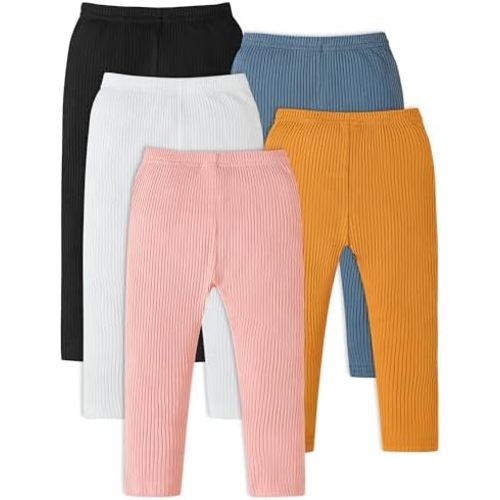 5 Pack Baby Girl Pants: Infant Solid Ribbed Pants Soft Cotton Pull On Leggings for Toddler 0-48 Months
