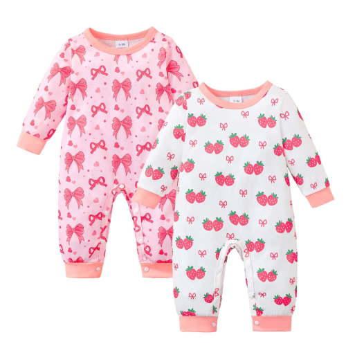 KIMI BEAR Preemie Baby Girl Romper Clothing 2 Packs Shower Gift Long Sleeves Strawberry Bowknot Bodysuit One-piece Jumpsuit 2pcs Clothes Pink