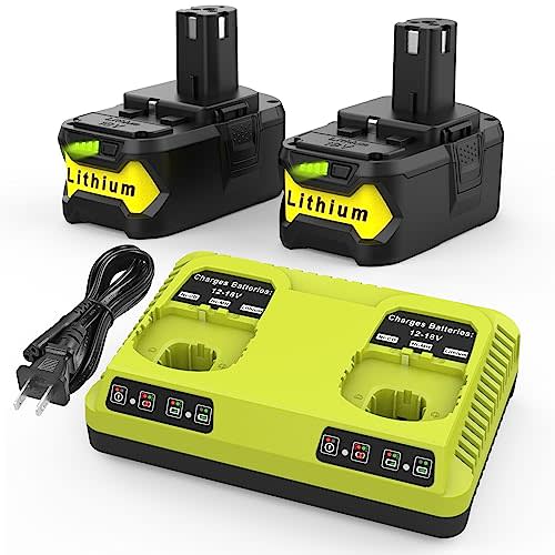 2Pack 18V P108 Replace for Ryobi 18V Battery 6.5Ah for 18volt One Plus Lithium P108 P102 P103 P104 P105 P107 P109 P122 P190, with 2Port Ryobi Battery Charger