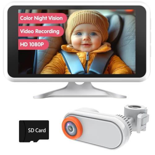 Baby Car Camera with Night Vision, HD 1080P Car Camera for Baby Video Recording with TF Card Car Baby Camera 3X Zoom 360° Rotation for Rear Facing Seat White