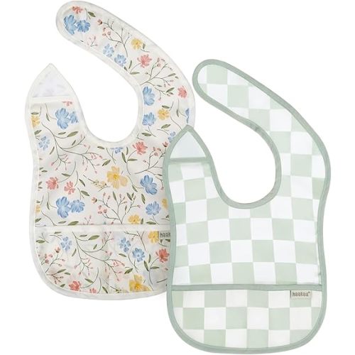 haakaa Mess Proof Baby Bibs for Eating, Ultra-Lightweight and Waterproof Toddler Feeding Bibs with Food Pocket, Machine Washable, Adjustable Fit for 6-24 Months, 2 Pack, Garden Flow + Checkered Days