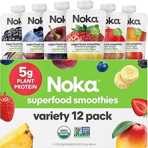 Noka Superfood Fruit Smoothie Pouches Variety Pack, Healthy Snacks with Flax Seed, Plant Protein and Prebiotic Fiber, Vegan and Gluten Free Snacks, Made in USA, Organic Squeeze Pouch, 4.22 oz, 12 Count