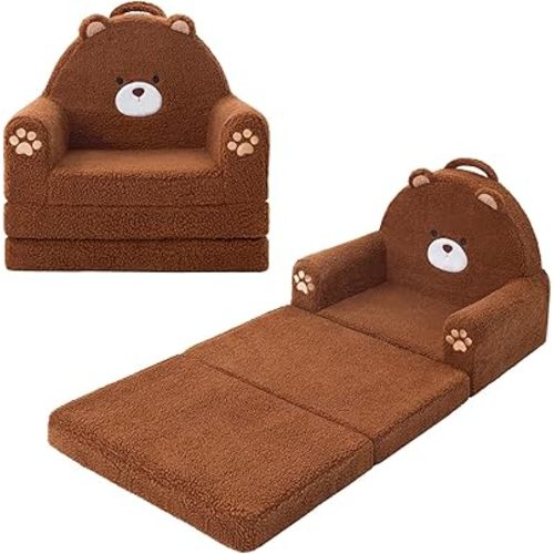 MOONBEEKI 2-in-1 Foldable Toddler Couch, Soft Sherpa Fabric with Washable Cover, Convertible Sofa to Lounger, Kids Sofa for Playroom, Bedroom, Living Room, Birthday Gift, Ages 1-3, Bear, Medium