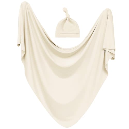 MairMore Newborn Swaddle Blanket & Beanie Set, Baby Receiving Blanket | Soft & Stretchy, 47 x 47 In, Baby Blanket with Hat & Name Sign for Photoshoot, Coming Home Outfit, Boys & Girls (Apricot)