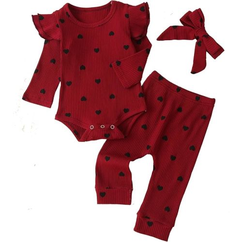 Baby Girl's 3pc Rib Frill Long Sleeve Romper and Pant Set