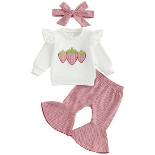 fhutpw Infant Baby Girl Fall Clothes Toddler Winter Outfits Ruffle Sleeve Sweatshirts Plaid Bell Bottom Pants Headband Set