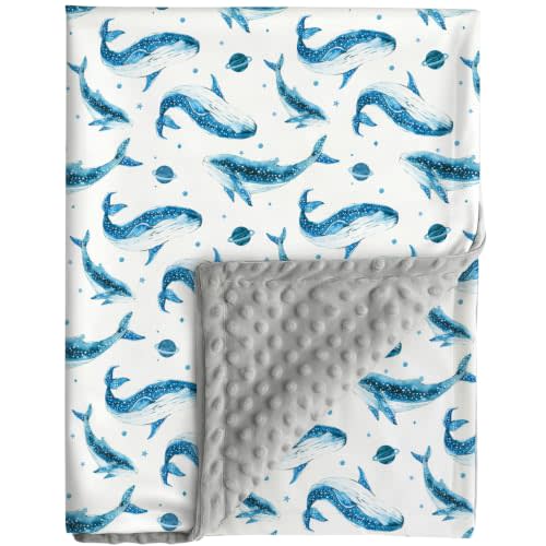 Ocean Baby Blanket Blue Whale Gender Neutral Minky Blankets for Newborn Baby Girls or Boys Undersea World Nursery Toddler Double Layer Blanket with Dotted Backing Sea Animal Printed (White)