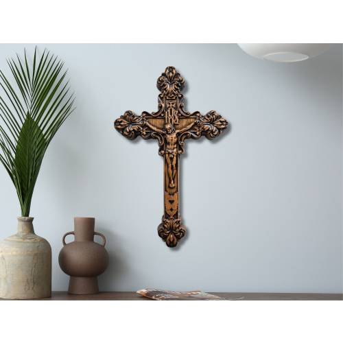 Wood Carved Crucifix, Wooden Christian Wall Cross