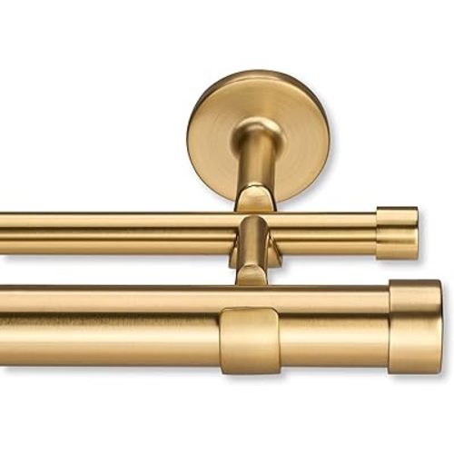 MODE Cambria Designer Series - Premium 5 foot Custom Double Curtain Rod - 1-1/8 inch Large Diameter - Non-Adjustable for a Seamless Look - Premium Designer Brackets and End Caps - Brushed Gold Finish
