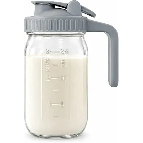 32 oz Breast Milk Pitcher, Glass Mason Jar Pitcher with Lid | Airtight, Leak Proof, Wide Mouth, Pour Spout Lid, Thick Glass, Fridge Safe, Ergonomic Handle, Easy to Clean