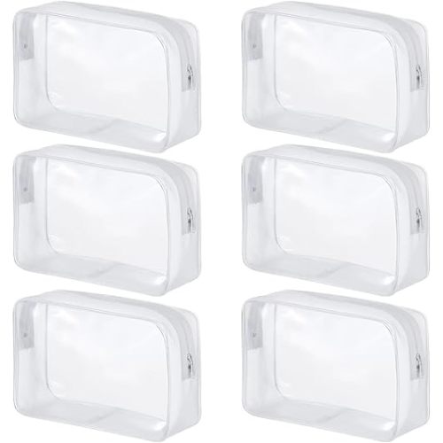6 Pack Clear PVC Zippered Travel Cosmetic & Toiletry Organizer Bag Set for Makeup, Shower Essentials - White