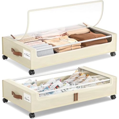 Yecaye 60L Under Bed Storage with Wheels, 2 Pack Under Bed Storage Containers, Underbed Shoe Storage with Clear Window & Label, Rolling Under Bed Metal Drawer for Clothes, Shoes, Books, Beige