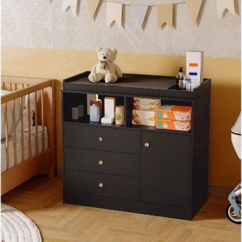 Acekool Baby Dresser with Changing Table, Wooden Nursery Changing Station with Drawers, Cabinet, Open Shelves, for Bedroom or Nursery