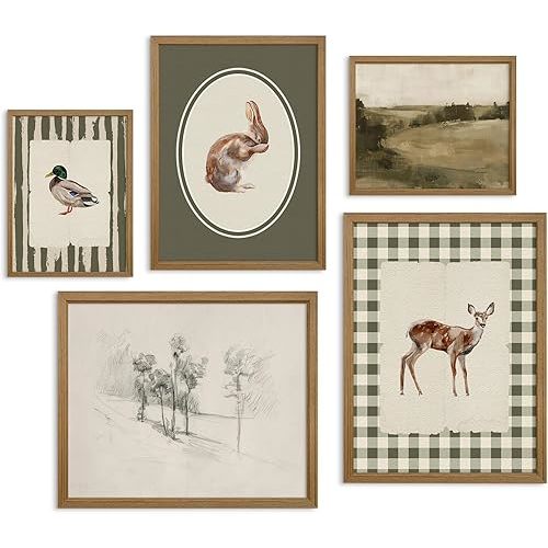 Vintage Nursery Wall Art Kids Canvas Poster Baby Boy Room Wall Decor Green Rabbit Wall Art Bunny Bird Prints Deer Picture Farmhouse Painting Nursery Artwork for Bedroom 8x10 Inch Wood Framed Set of 5
