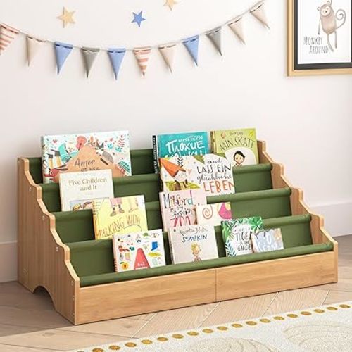 ELYKEN Toddler Bookshelf for Kids Rooms, Nursery Book Shelves with Open Forward Display, Montessori Book shelf for Baby Room, Small Children Classroom Books Rack Storage, Reading Corner for Kid, Green