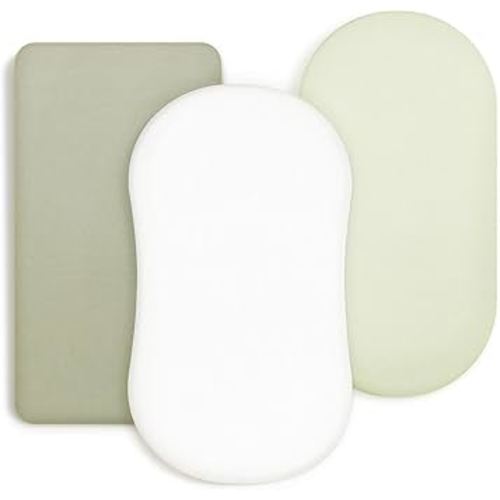 GRSSDER Stretchy Ultra Soft Fitted Bassinet Sheet 3 Pack, Universal Fit for Bassinets Baby Cradle Moses Basket Oval Rectangle Mattress Safe and Snug, Jersey Bassinet Sheets for Girls, White/Sage