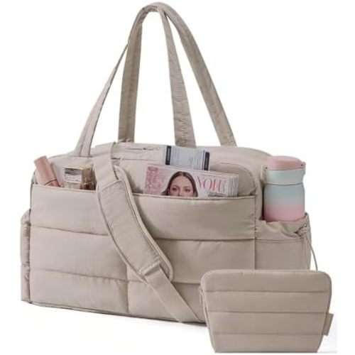 BAGSMART Gym Bag for Women, Lightweight Puffer Duffle Bag 2-PC Travel Bag, 31L Weekender Overnight Bag Quilted Carry On Tote Bag, Diaper Hospital Dance bag for Travel, Gym, Water Resistant, Camel