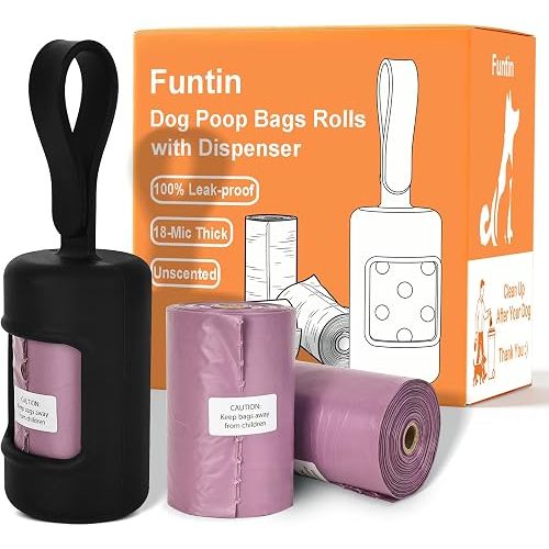 Funtin Dog Poop Bags, 60ct Unscented 13"x9" Leak Proof 1.8mil Extra Thick Strong Waste Bag Refill Rolls with Dispenser (Black & 60-Bags)