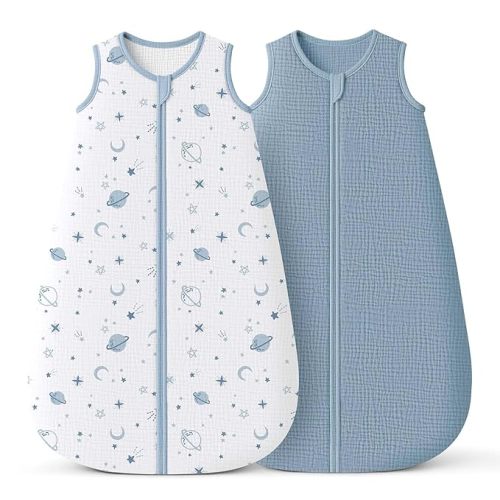 Konssy Muslin Baby Sleep Sack 12-18 Months 0.8 TOG, 2 Pack 100% Cotton Wearable Blanket for Babies, 2-Way Zipper Breathable Sleeping Sack Infant Toddler Essentials for Girls and Boys (Star, Blue)
