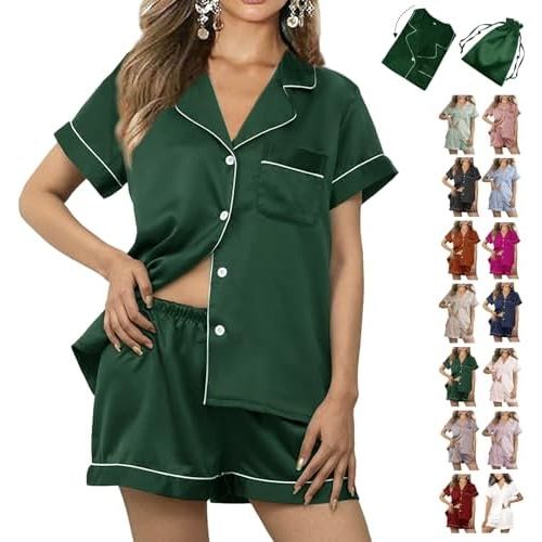 WJing Yi Jia Womens 3Pcs Floral Pajamas Sets Silk Satin Sleepwear XS~4XL Button Down Short Sleeve Shirt Pjs Loungewear