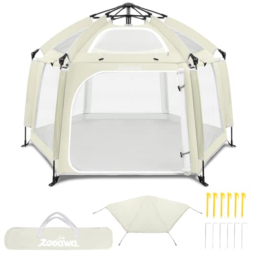Pop Up Playpen Indoor & Outdoor Playpen for Babies and Toddlers | Pop n go Playpen with Removable Sun-Shades, Pop Up Play Tent Portable Outdoor Baby Playpen for Beach with Travel Bag, Beige