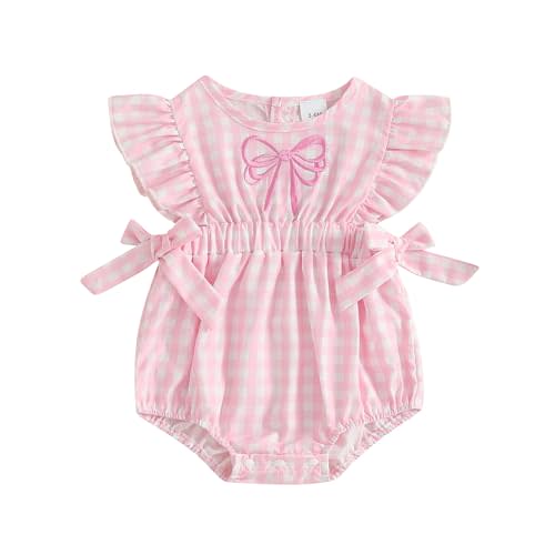 RWYBEIW Newborn Baby Girl Smocked Bubble Romper 0 3 6 12 18 Months Fly Sleeve Bow Embroidery Bodysuit Cute Summer Clothes