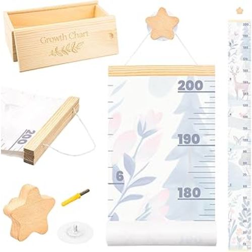 Growth Chart for Wall 7 Ft - Height Chart with Keepsake Wood Box & Star Hook, Waterproof Canvas Wall Ruler, Neutral Nursery Wall Decor for Baby Kids Toddlers