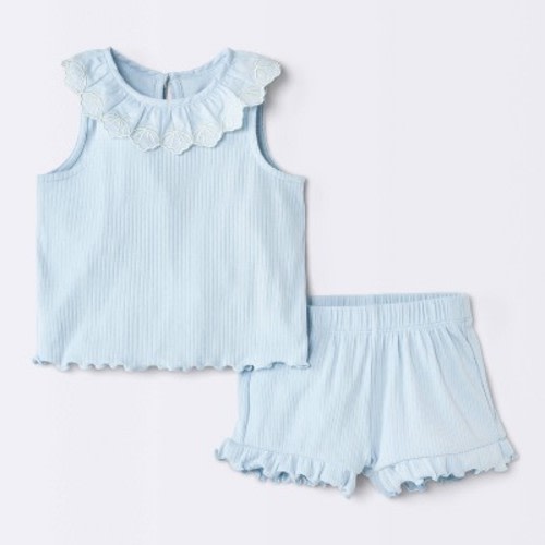 Baby Girls' 2pc Scallop Trim Tank Top and Shorts Set - Cloud Island™ Blue Newborn