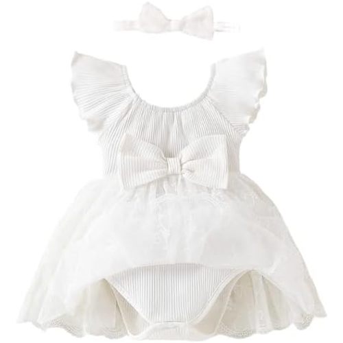 Baby Girl Romper Dress Ribbed Newborn Lace Boho Tutu Dresses Headband Baptism Photography Wedding Summer Outfit 0-24M