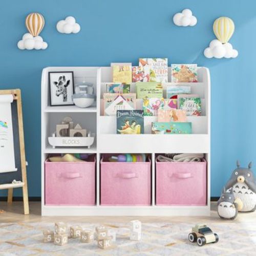 Kids Bookcase and Bookshelf, Multifunctional Bookcase with 3 Collapsible Fabric Drawers, Bookcase Display Stand, Toy Storage Organizer (White/Pink)