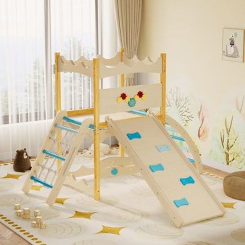 COZONY 6-in-1 Wooden Indoor Play Gym Climber with Slide, Swing, Rock Wall, Rope Ladder & Sensory Panel, Indoor Playground for 18 Months~5 Years