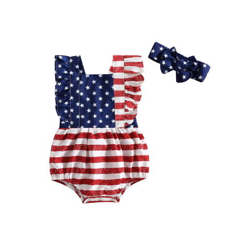 Hirigin My First 4th of July Baby Girl Outfits American Flag Romper Sleeveless Backless Ruffle Bodysuit Headband Clothes Set