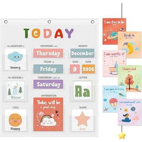 Daily Morning Board,Circle Time Calendar,Classroom Supplies, Interactive Learning Chart for Preschool & Kindergarten, Includes Weather, Feelings, and Affirmations Board
