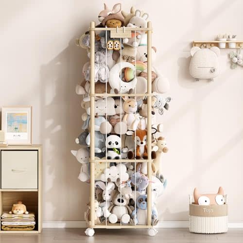 EXPERLAM Stuffed Animal Storage Zoo with Wheels, Montessori-Inspired Solid Pine Wood Plush Toy Organizer, Tall Stuffed Animal Holder with Thick Elastic Cords for Kids Room, Nursery,and Bedroom,Large