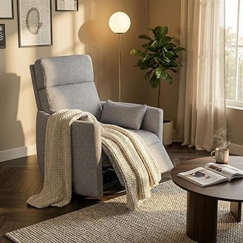 JUMMICO 360° Swivel Recliner Chair, Comfy Loop Yarn Fabric Nursery Rocking Chair with Vibration Massage, Manual Glider Nursing Chair with Side Pockets and 2 Pillows for Living Room Nursery (Grey)