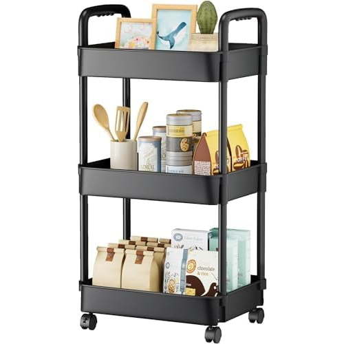 3 Tier Rolling Cart, Plastic Diaper Cart Organizer with Wheels, Roller Cart for Diapers, Baby Nursery, Kitchen, Bathroom, Living Room and Bedside, Black