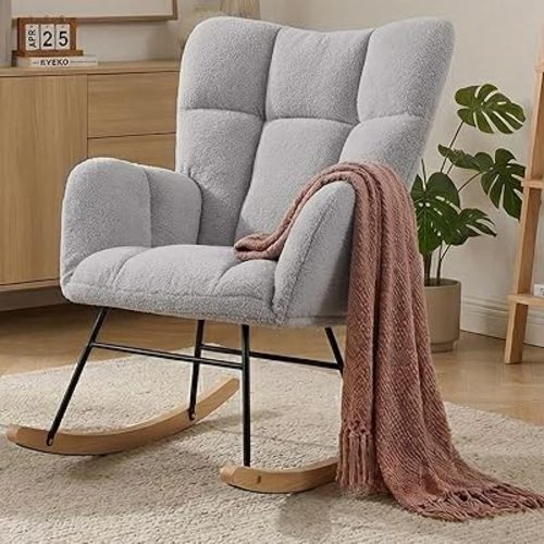 Nursery Rocking Chair, Teddy Upholstered Glider Chair with Thick Cushion, Tufted Gliding Rocker Chair with Wood Leg, Cozy Rocking Armchair, Accent Rocking Chair for Living Room (Light Gray)