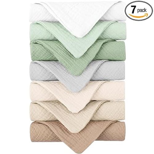 Konssy 7 Pack Muslin Baby Washcloths, Burp Cloths & Wash Cloths for Babies | 11 x 11 In, 100% Cotton, Ultra-Soft & Absorbent, Machine Washable, Baby Bath Towels for Newborns, Girls & Boys (Green)
