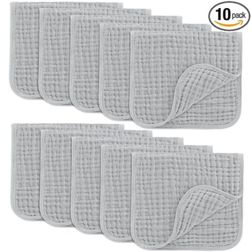 Comfy Cubs Muslin Burp Cloths 20" x 10", Pack of 10 - Large, 6-Layer, Ultra Absorbent 100% Cotton for Baby Drool and Messes - Soft, Safe & Gentle Baby Burp Cloths for Boys & Girls - Heather Blue