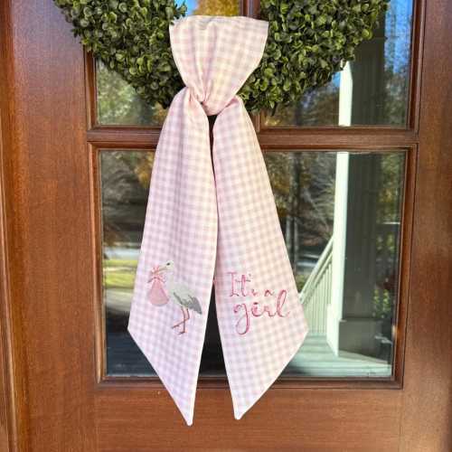 New Baby Embroidered Wreath Sash, Pink Gingham, Monogram, Birth Announcement, Baby Girl, Stork, Bow, Grandmillennial Decor, Baby Shower,