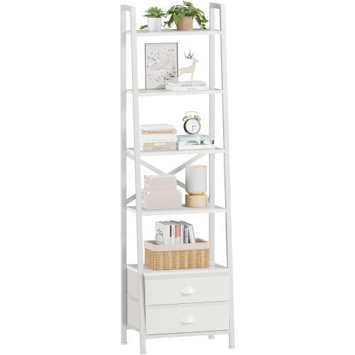 Furologee 5-Tier Ladder Shelf with 2 Drawers,Narrow Bookshelf Storage Shelves,Industrial Bookcase Freestanding Rack Units for Bedroom,Living Room,Bathroom,Home Office,Balcony,Wood Metal, White