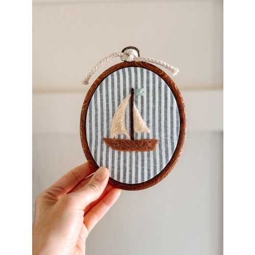 Nautical Wall Art – Felted Sailboat Nursery Decor – Coastal Baby Boy Room – Ocean Theme Wall Hanging – Personalized Felt Hoop