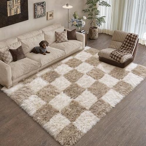 PureCozy Beige 5x8 Area Rug for Living Room Soft Checkered Shag Carpet