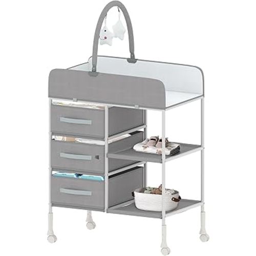 Baby Changing Table, Diaper Changing Table with Waterproof Pad, Portable Changing Table with 3 Storage Baskets and Toy, Mobile Nursery for Infant and Newborn
