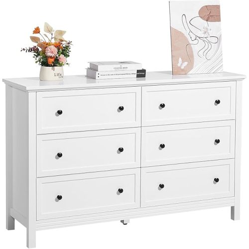 VEVOR 6 Drawer White Dresser, Wood Dresser Chest of Drawers with Middle Sliding Leg, Closet Storage Clothes Organizer for Bedroom, Living Room, Hallway, Entryway, Wide Drawer with Metal Handles