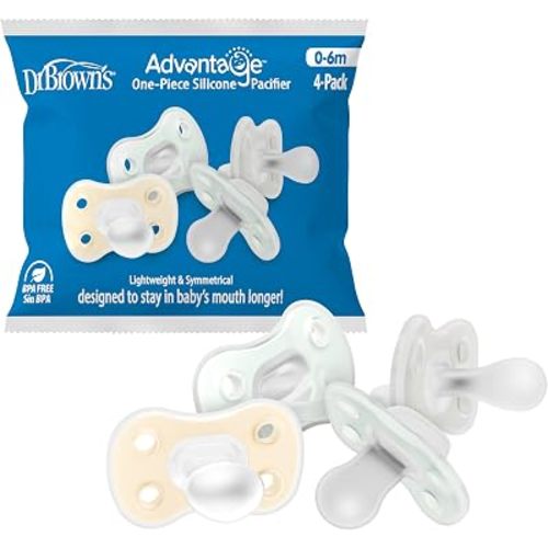 Dr. Brown's Advantage One-Piece Silicone Baby Pacifier, Fully Symmetrical Soother, Ecru/Gray/Green, 0-6M, BPA-Free, 4-Pack